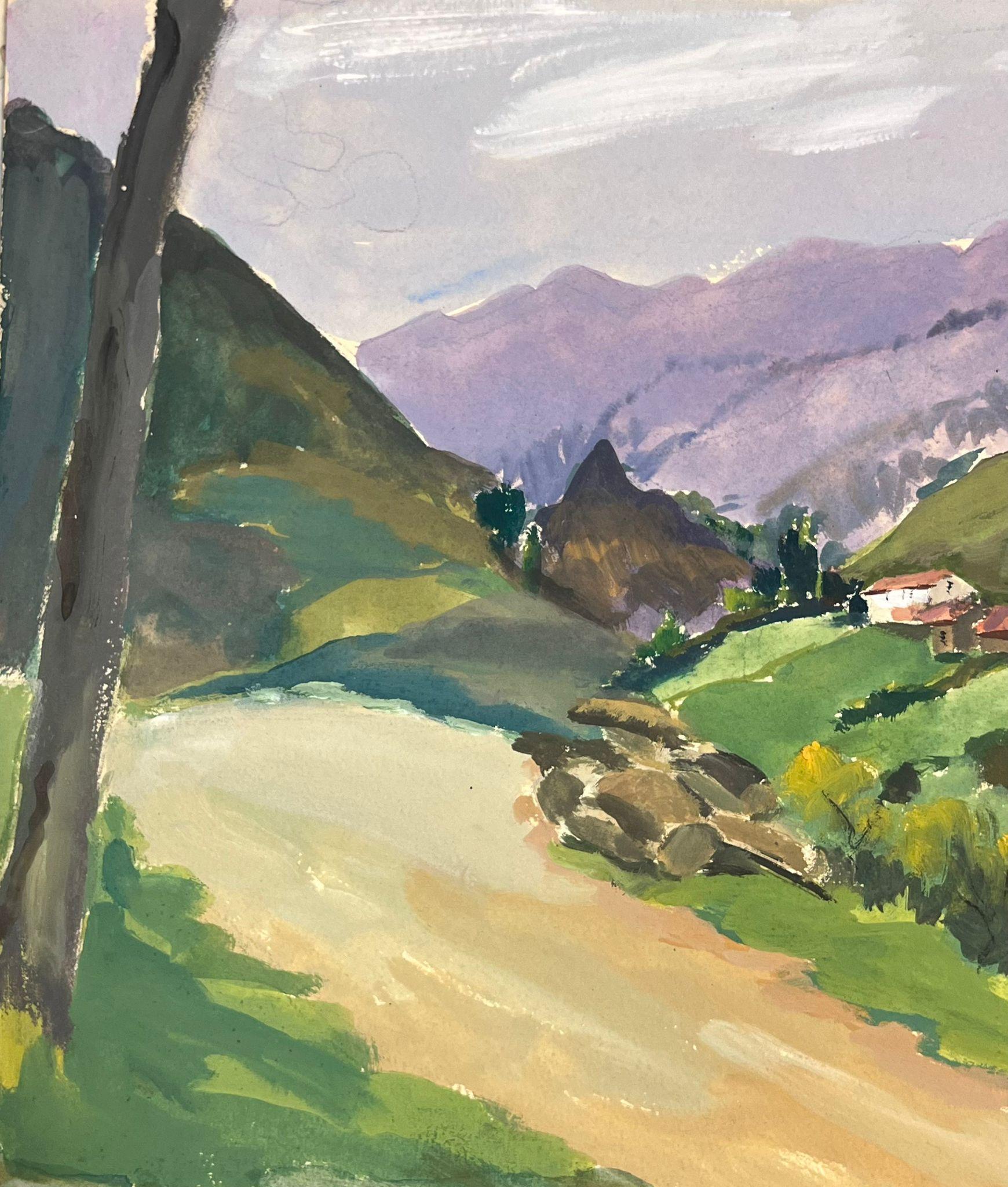 1930's French Country Houses Along The Country Track Leading To Purple Mountains - Painting by Louise Alix
