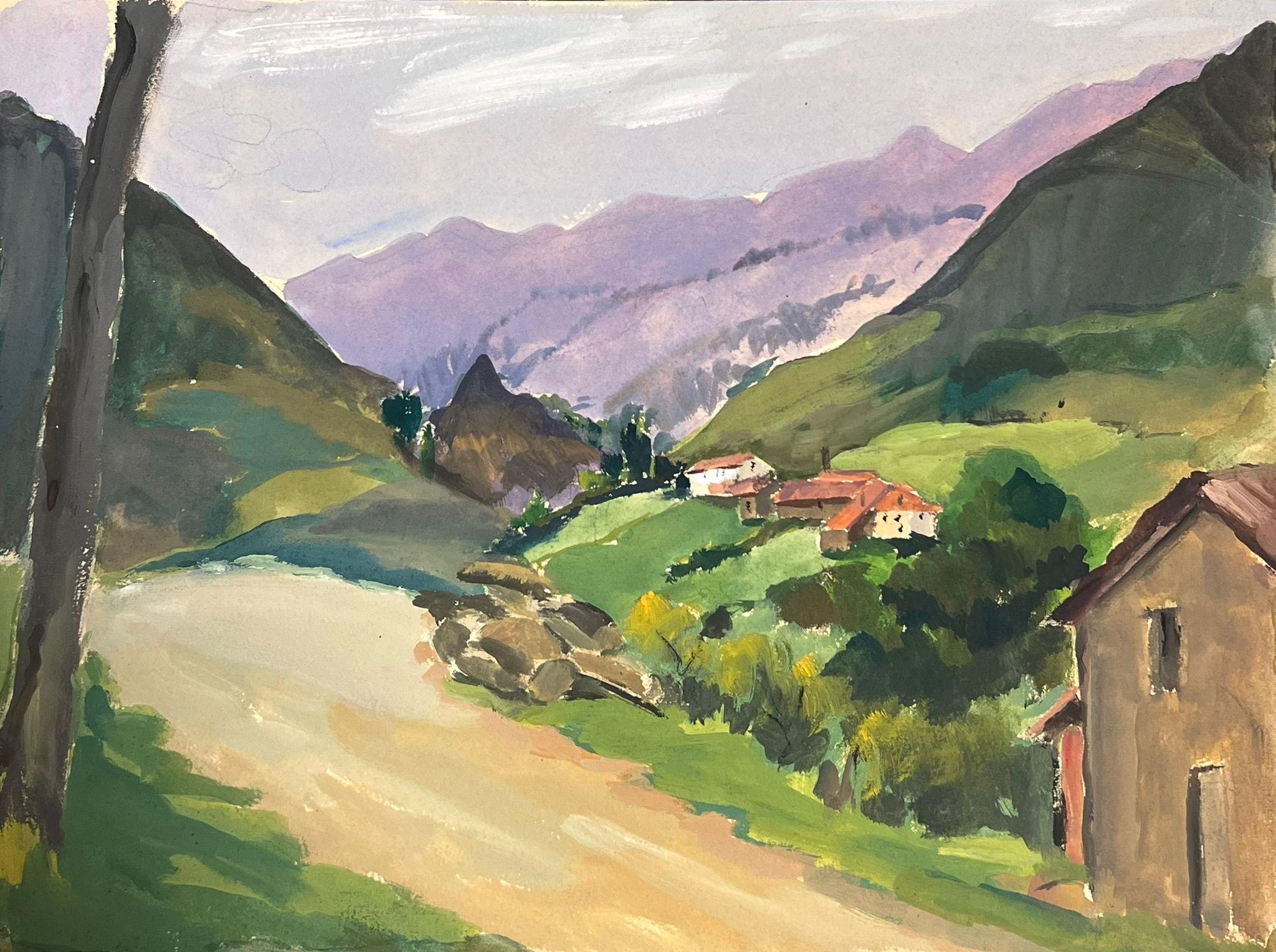 Louise Alix Landscape Painting – Französische Landhäuser aus den 1930er Jahren entlang der Landstraße, die zu den Purple Mountains führt