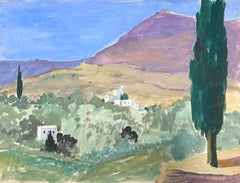 1930's French Cyprus Tree Open Field Landscape Village In Distance