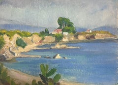 1930's French Gouache Painting Island Surrounded By Clear Blue Sea