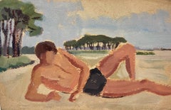 1930's French Gouache Posed Sunbather Male Figure Lay On The Beach