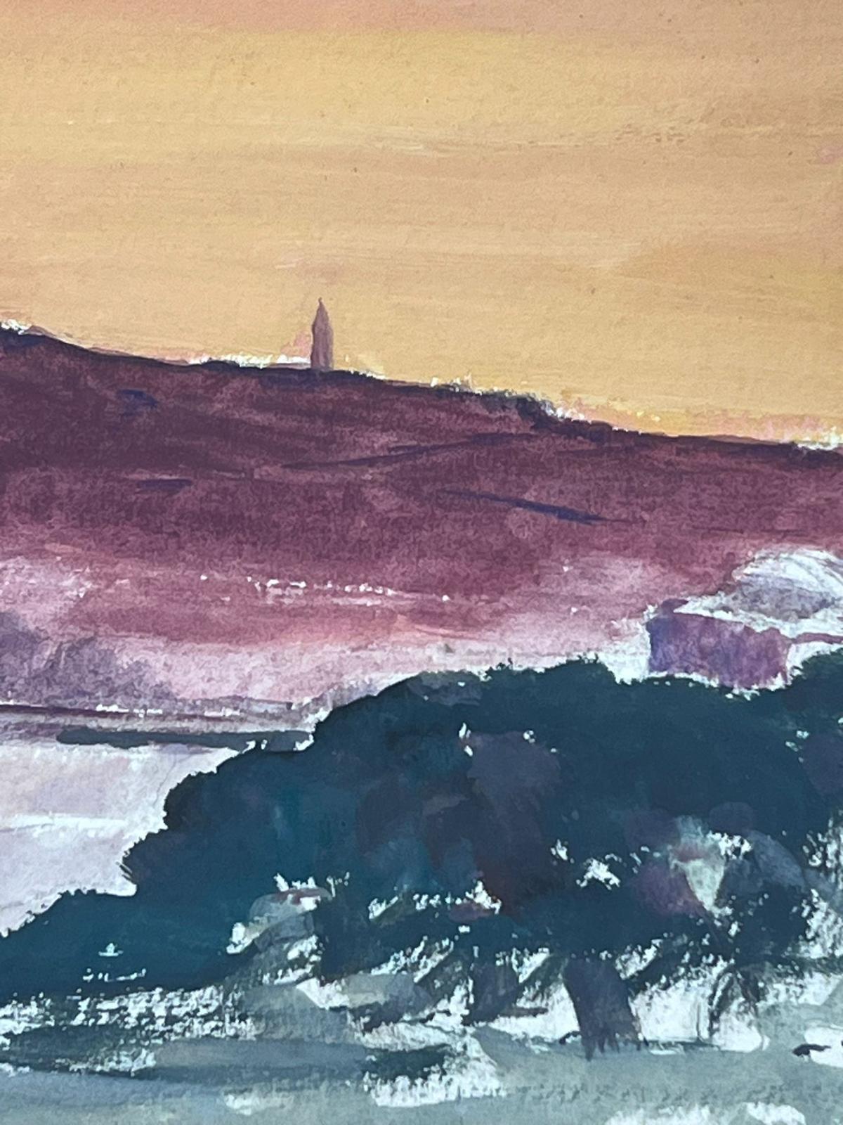 1930's French Gouache Purple Cliffs Orange Sea Landscape - Painting by Louise Alix