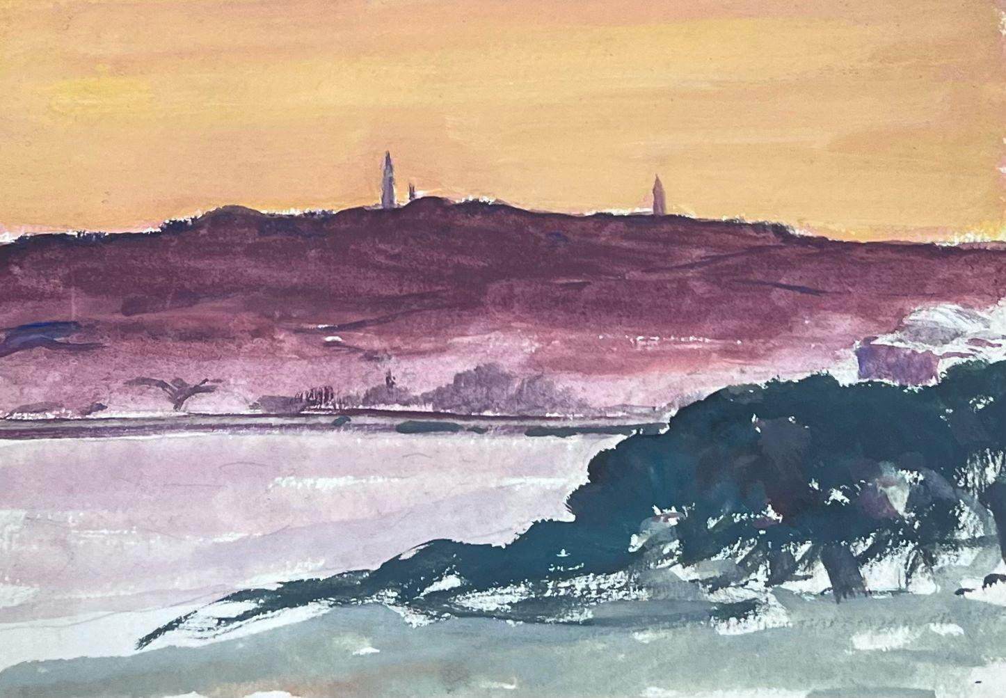 1930's French Gouache Purple Cliffs Orange Sea Landscape - Impressionist Painting by Louise Alix