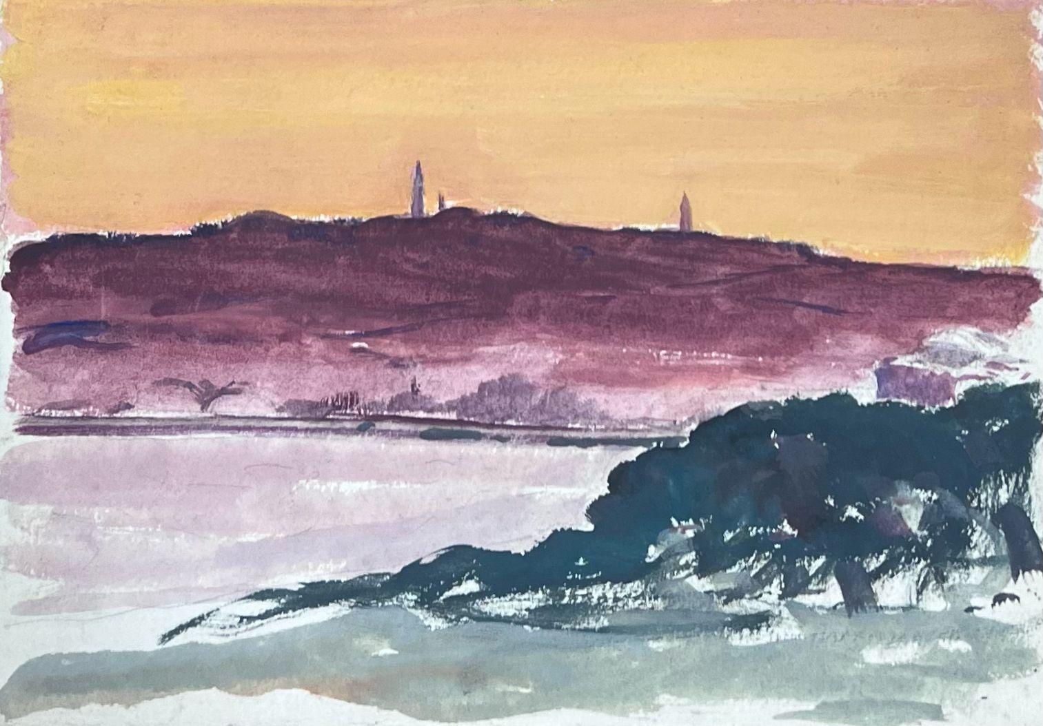 Louise Alix Landscape Painting - 1930's French Gouache Purple Cliffs Orange Sea Landscape