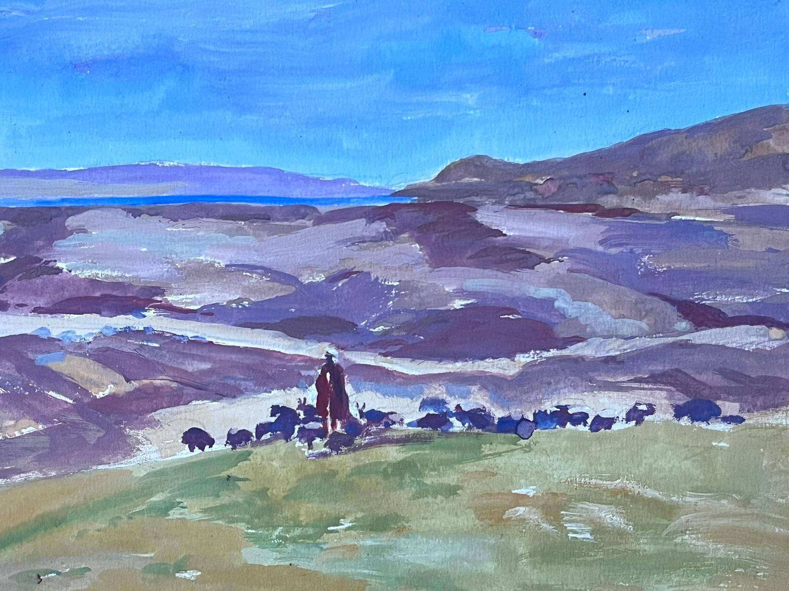 1930's French Gouache Shepard Herding Flock Purple Mountain Landscape - Painting by Louise Alix