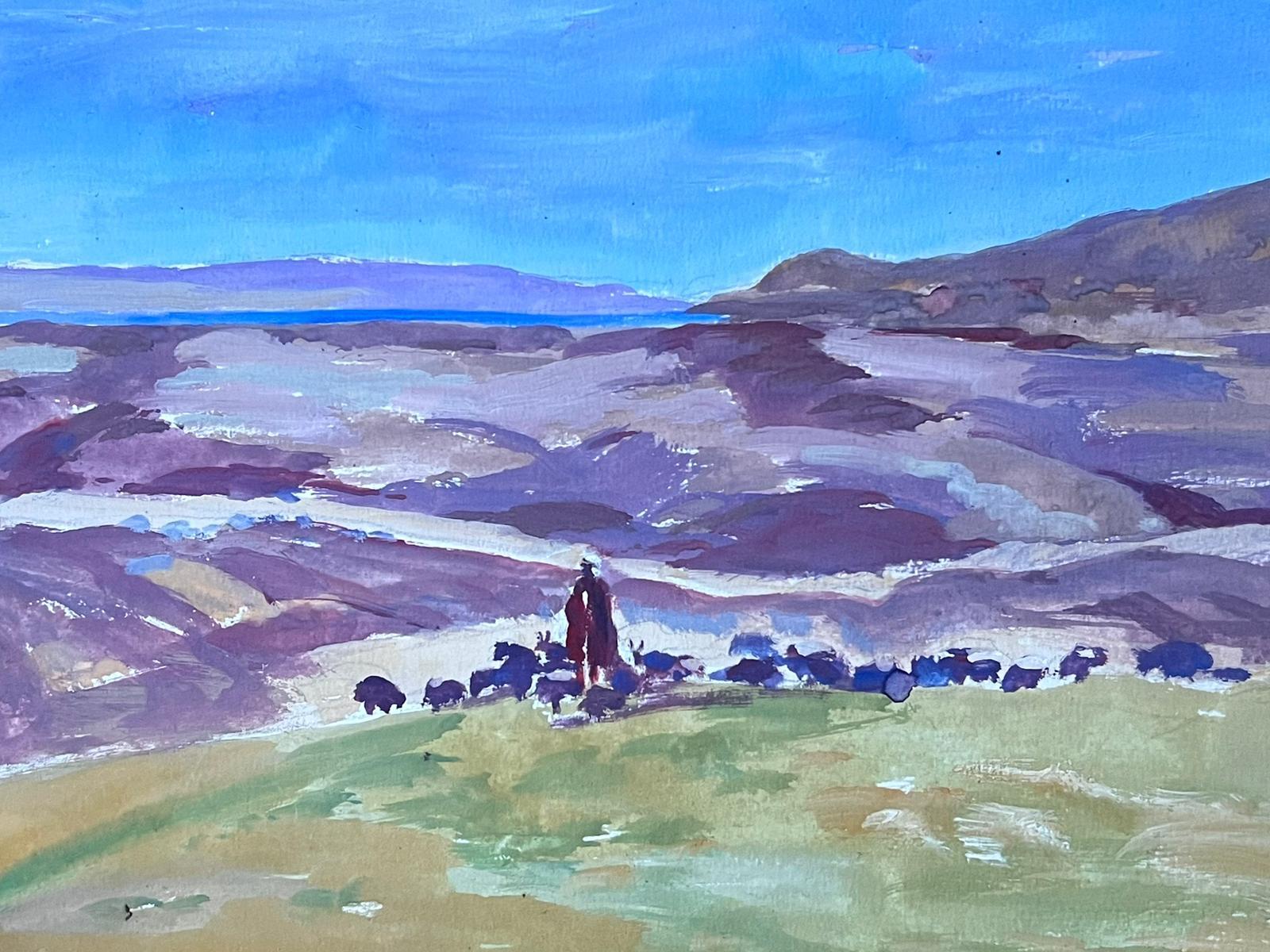 1930's French Gouache Shepard Herding Flock Purple Mountain Landscape - Impressionist Painting by Louise Alix