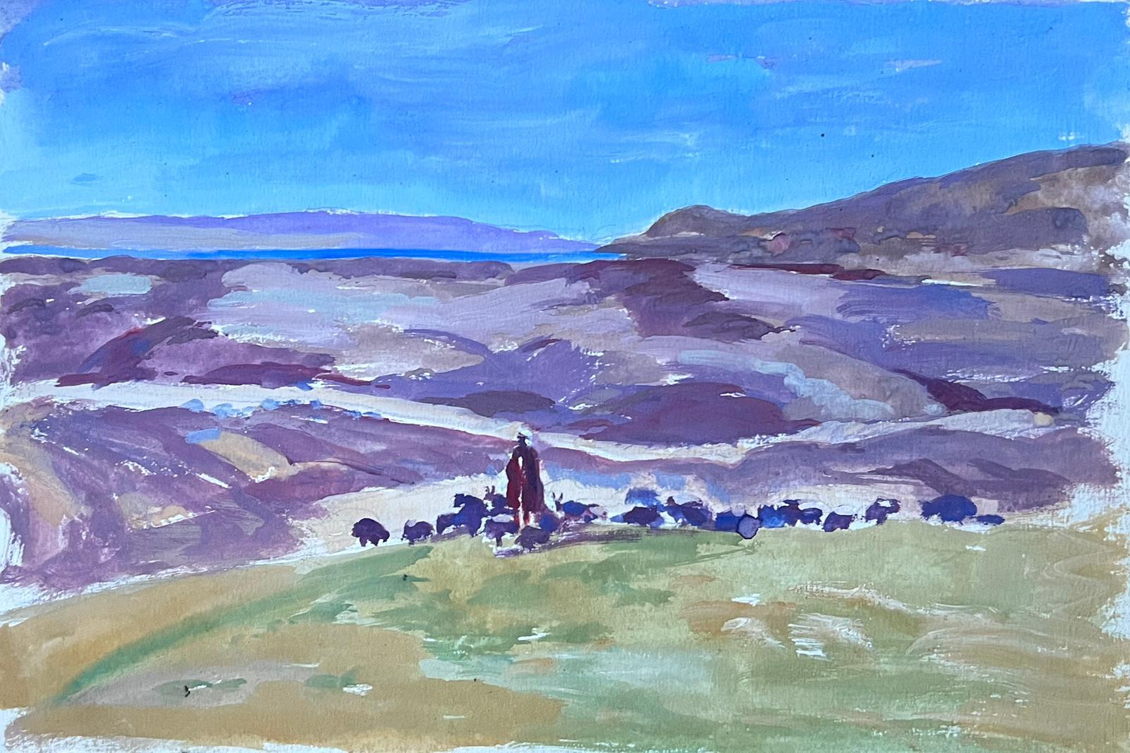 Louise Alix Landscape Painting - 1930's French Gouache Shepard Herding Flock Purple Mountain Landscape