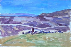 1930's French Gouache Shepard Herding Flock Purple Mountain Landscape