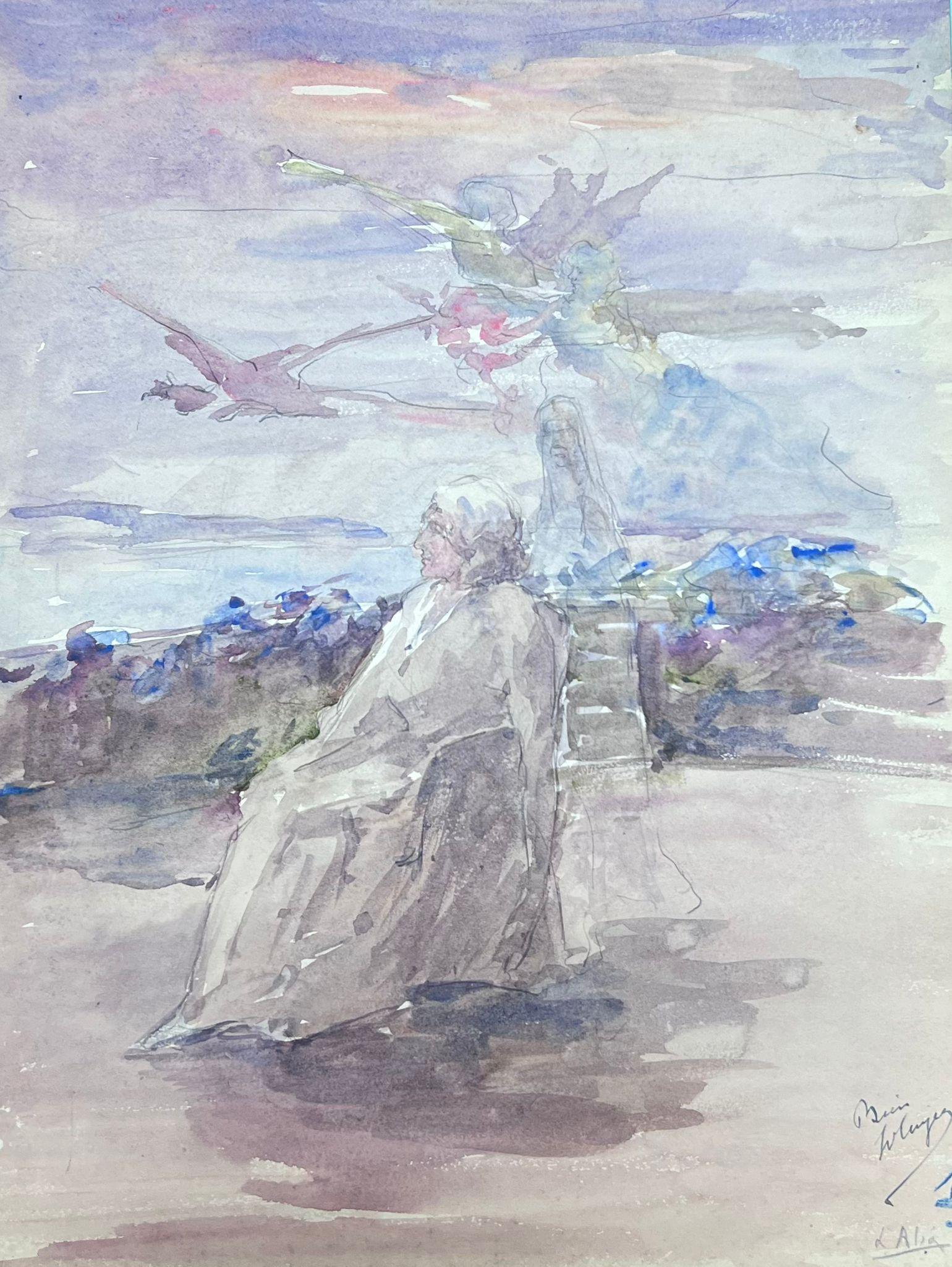 1930er Jahre Französisch Impressionist Engel fliegen über Figur saß auf Terrasse – Painting von Louise Alix