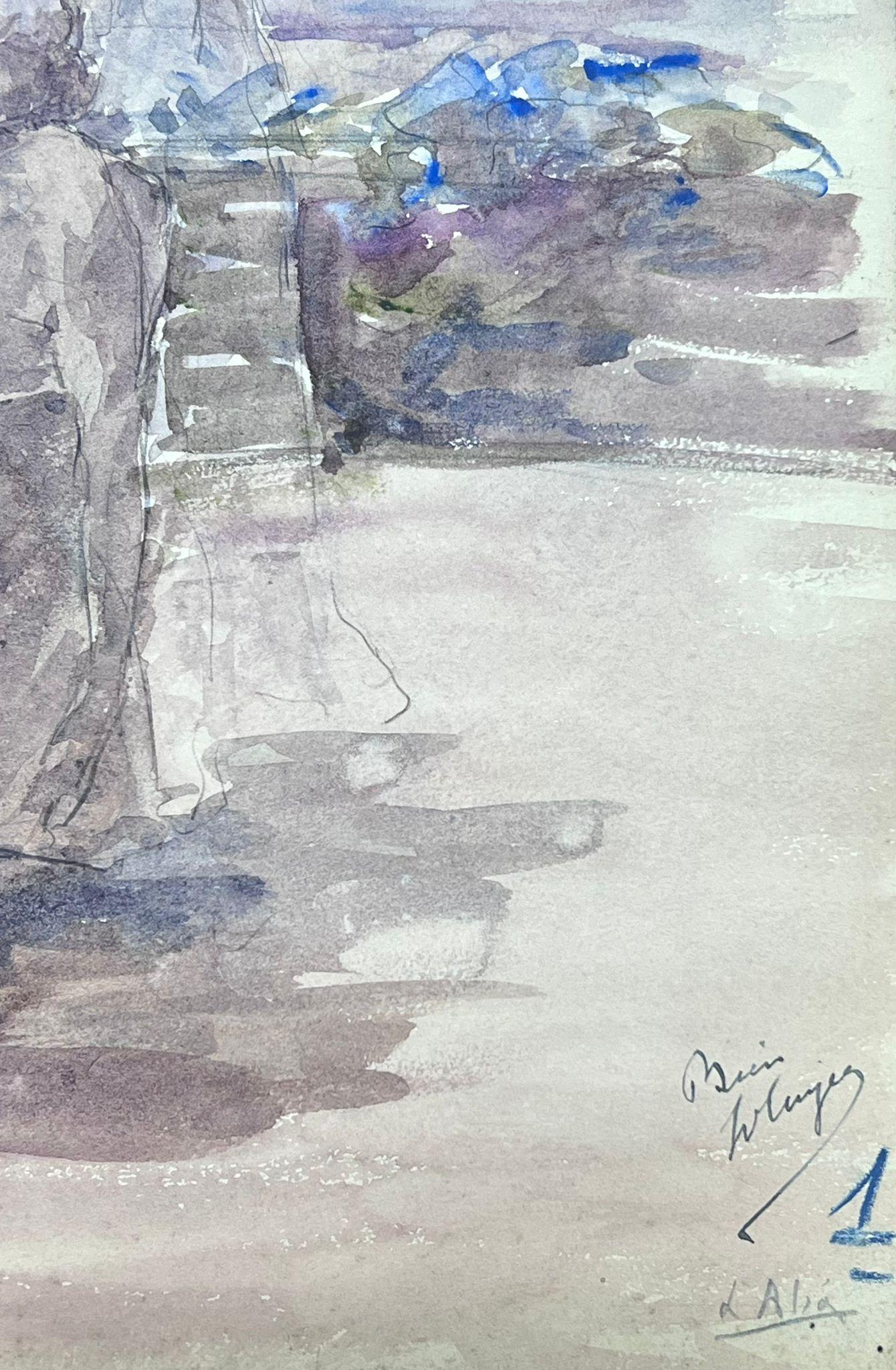 1930er Jahre Französisch Impressionist Engel fliegen über Figur saß auf Terrasse (Impressionismus), Painting, von Louise Alix