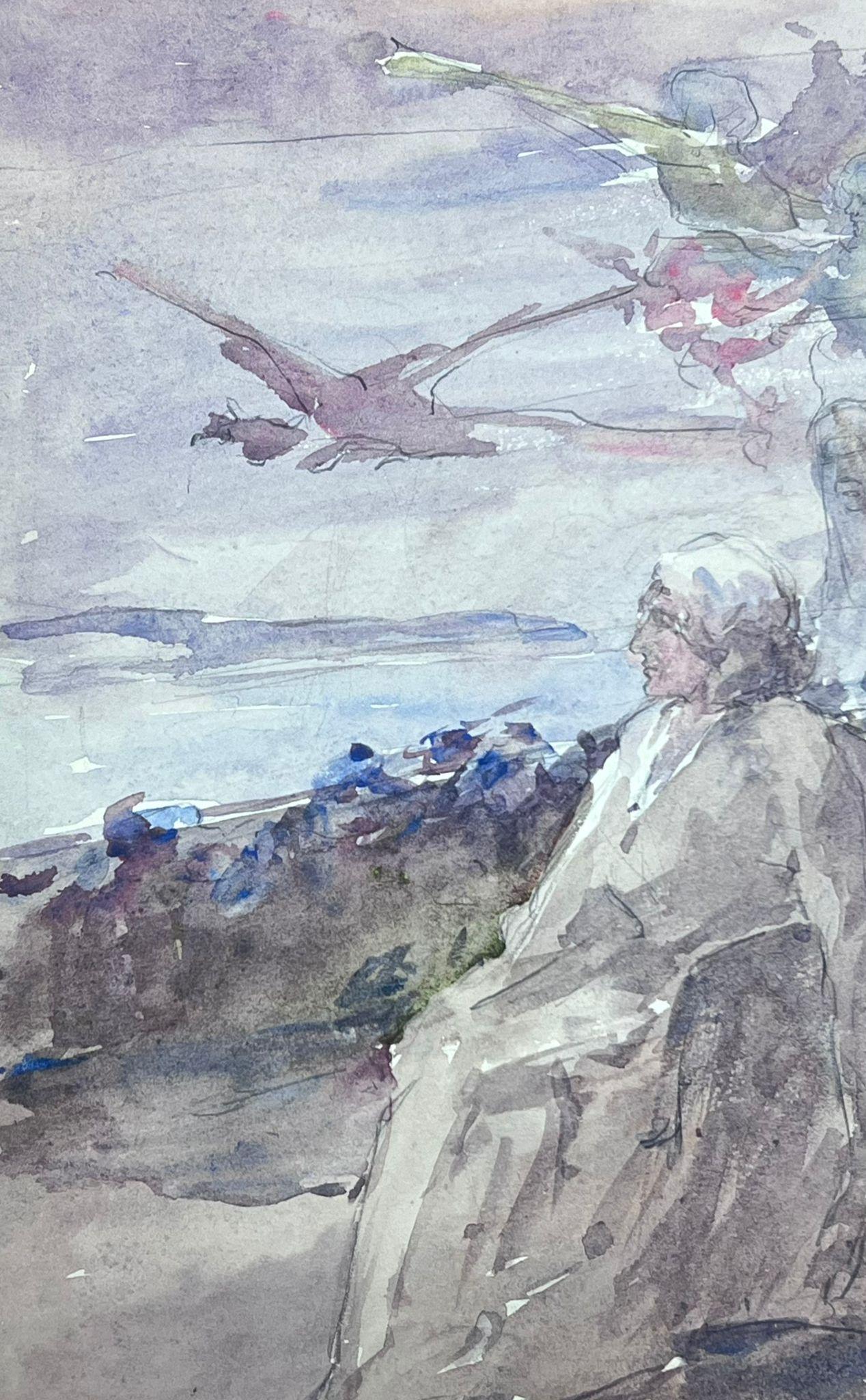 1930er Jahre Französisch Impressionist Engel fliegen über Figur saß auf Terrasse (Grau), Figurative Painting, von Louise Alix