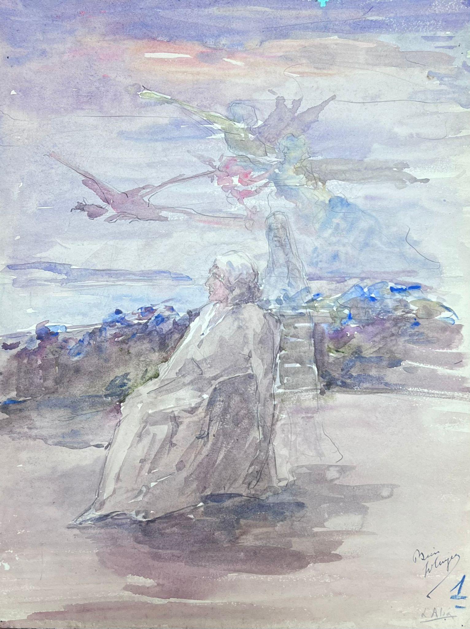 1930 Impresionista francés Ángeles volando sobre una figura sentada en una terraza