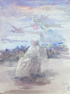 Anges impressionnistes français des années 1930 volant au-dessus d'un personnage assis sur une terrasse