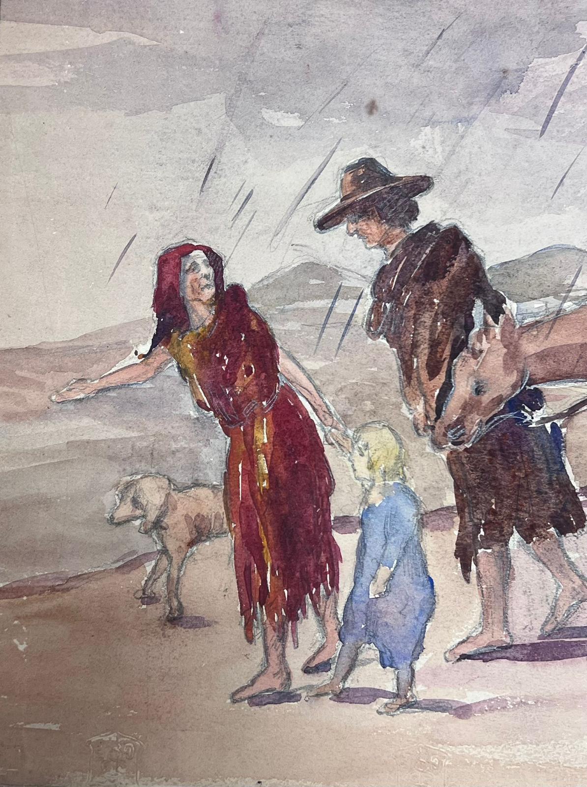 1930's French Impressionist Beach Figures & Animals Walking Through Rain - Painting by Louise Alix