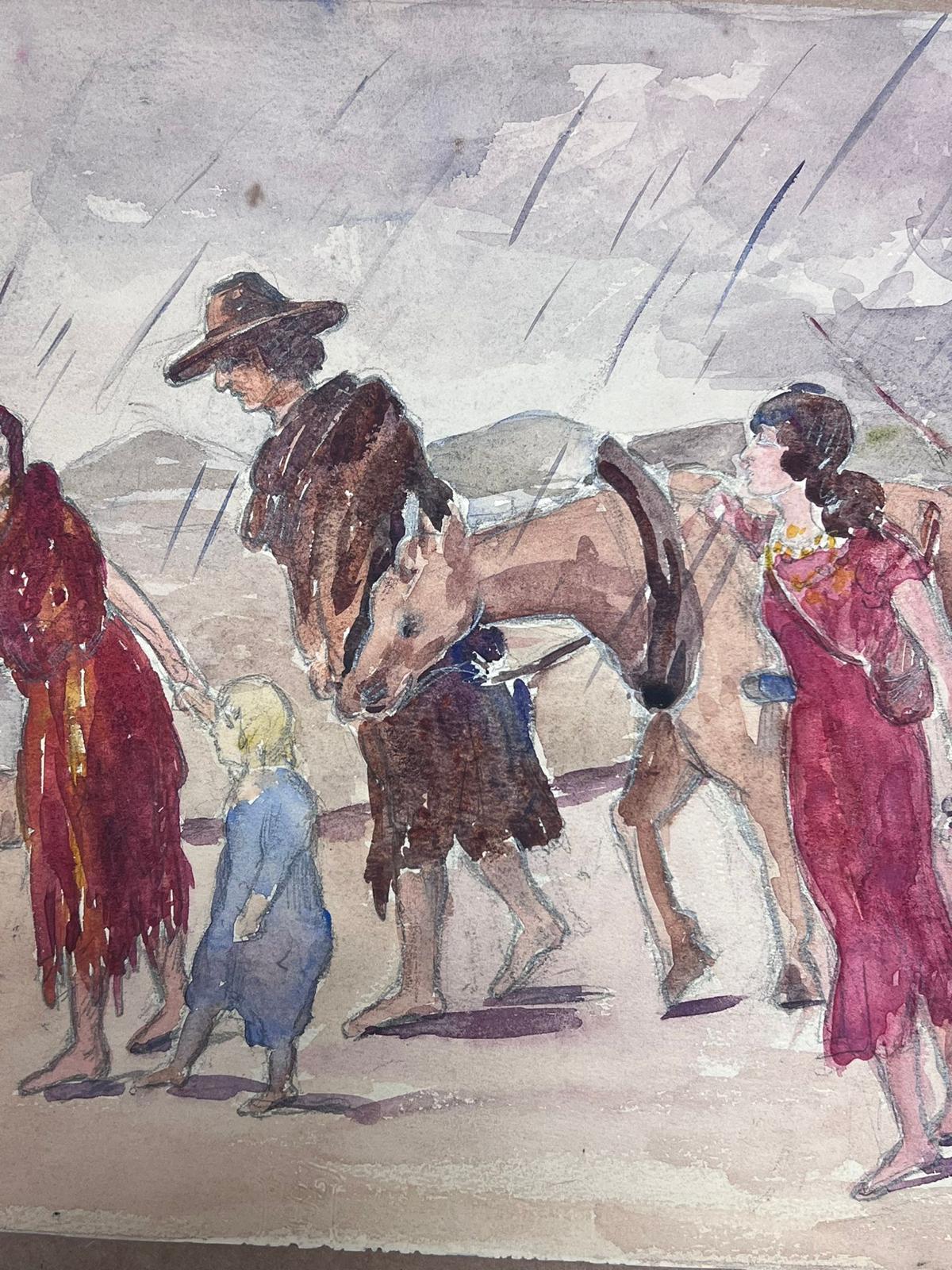 1930's French Impressionist Beach Figures & Animals Walking Through Rain - Gray Figurative Painting by Louise Alix