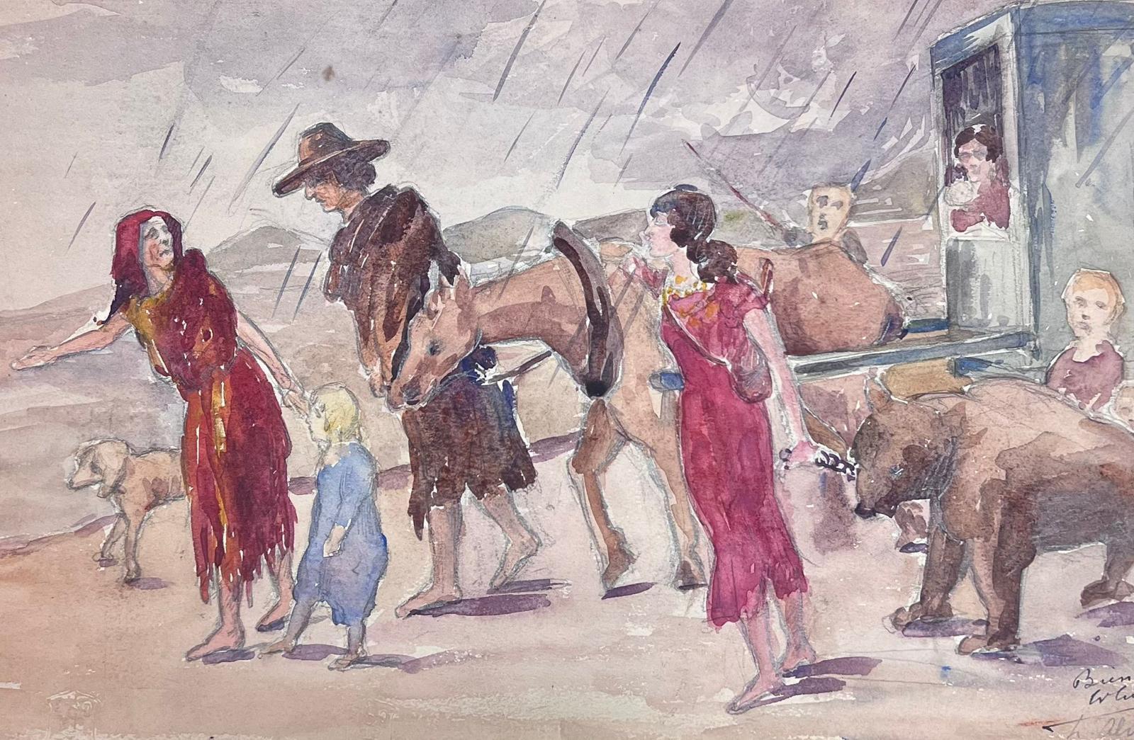 1930's French Impressionist Beach Figures & Animals Walking Through Rain 2