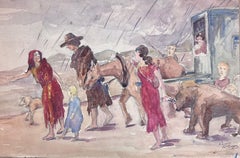 1930's French Impressionist Beach Figures & Animals Walking Through Rain