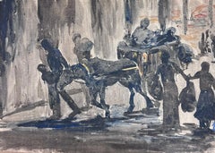 1930's French Impressionist Black & White Horse Pulling Kart and Figures