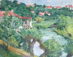 1930's French Impressionist Blue River Flowing Through Red Roof Village Town 