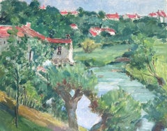 1930's French Impressionist Blue River Flowing Through Red Roof Village Town