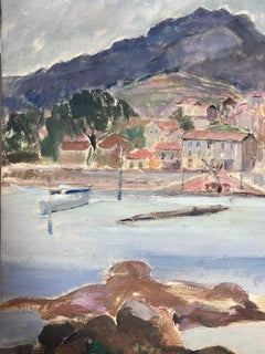 Paisaje costero impresionista francés de 1930 en un pueblo francés