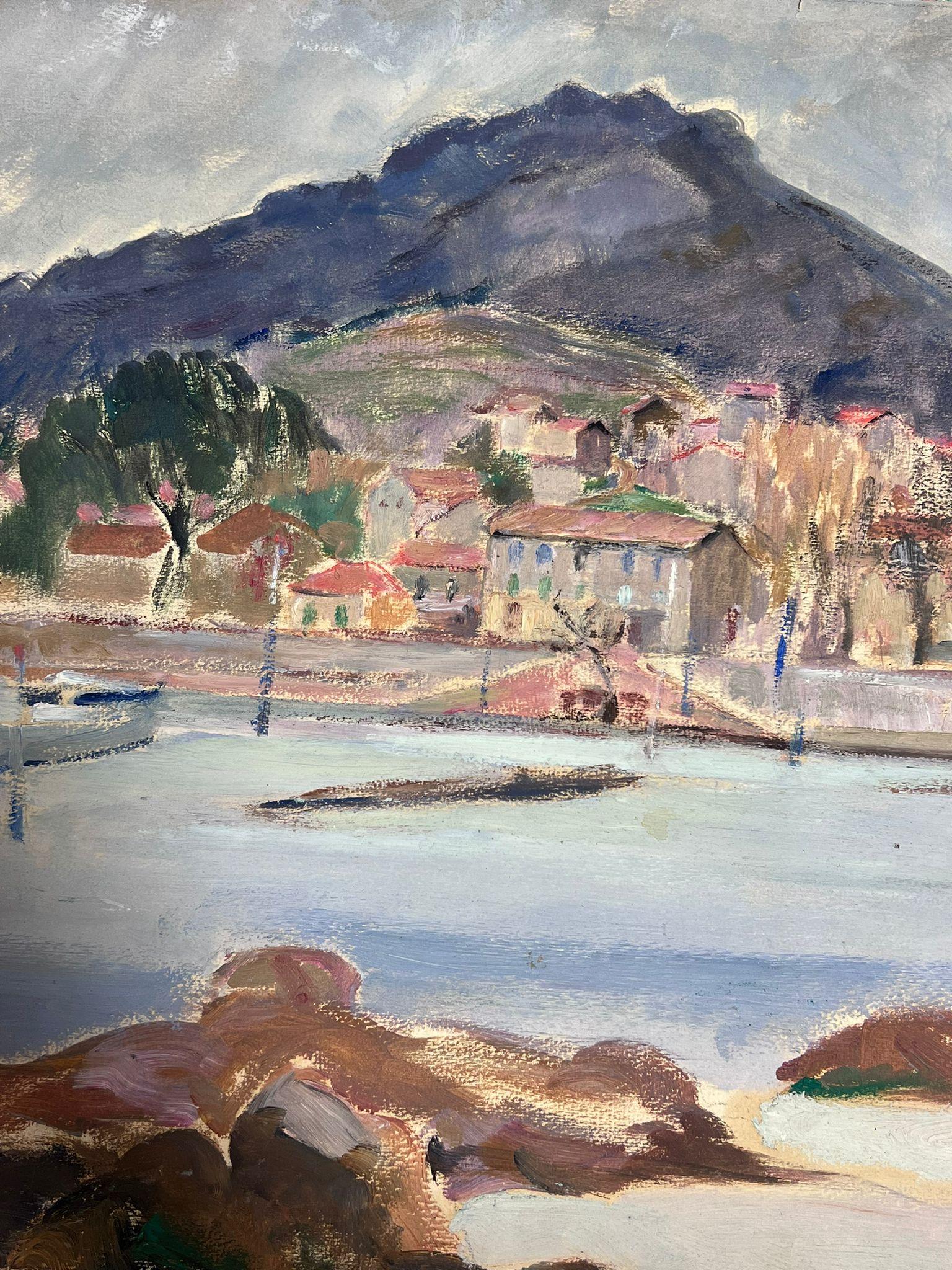 French Town Harbour
by Louise Alix, French 1950's Impressionist 
gouache on artist paper, unframed
painting: 13.5 x 16.5 inches
provenance: from a large private collection of this artists work in Northern France
condition: original, good and sound
