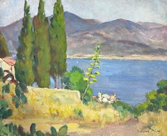 1930's French Impressionist Cyprus Trees Along The Blue Sea Coast Oil  Landscape
