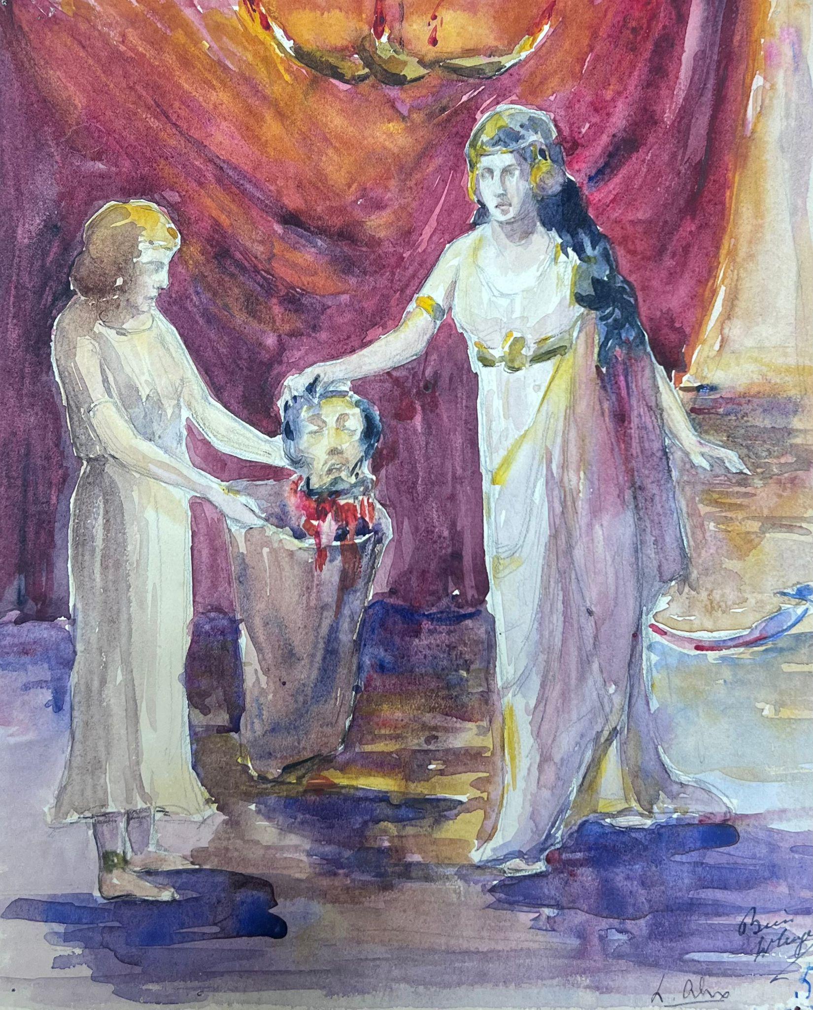 Louise Alix Figurative Painting – 1930er Jahre Französischer Impressionist Weibliche Figuren halten enthaupteten Kopf