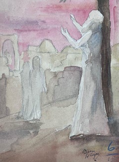 1930's French Impressionist Figure Praying To The Sky Under Palm Tree