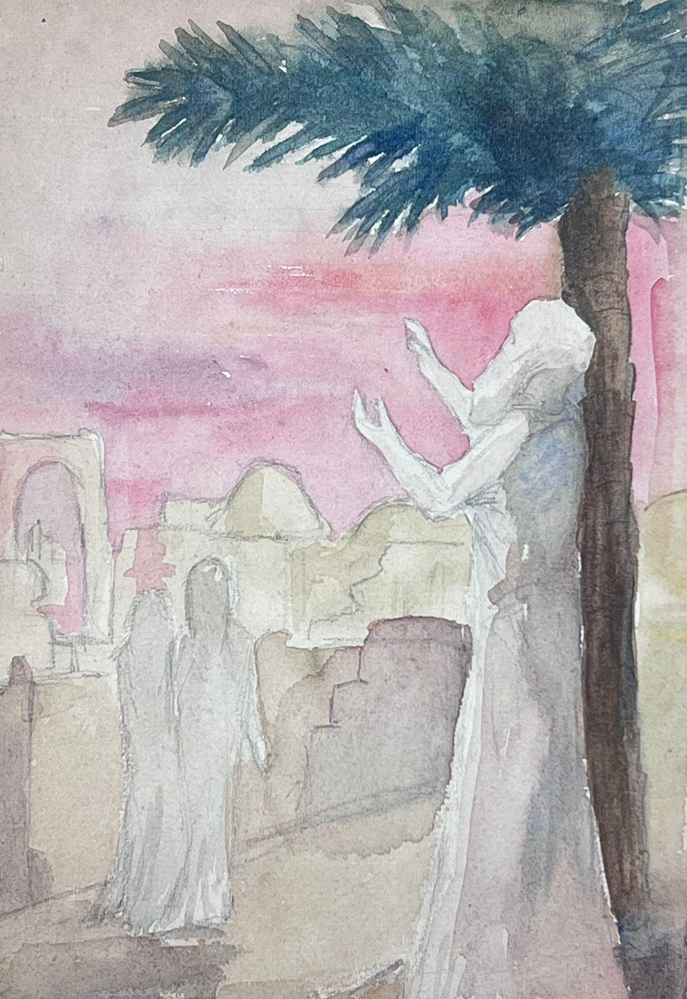 1930's French Impressionist Figure Praying To The Sky Under Palm Tree - Gray Landscape Painting by Louise Alix