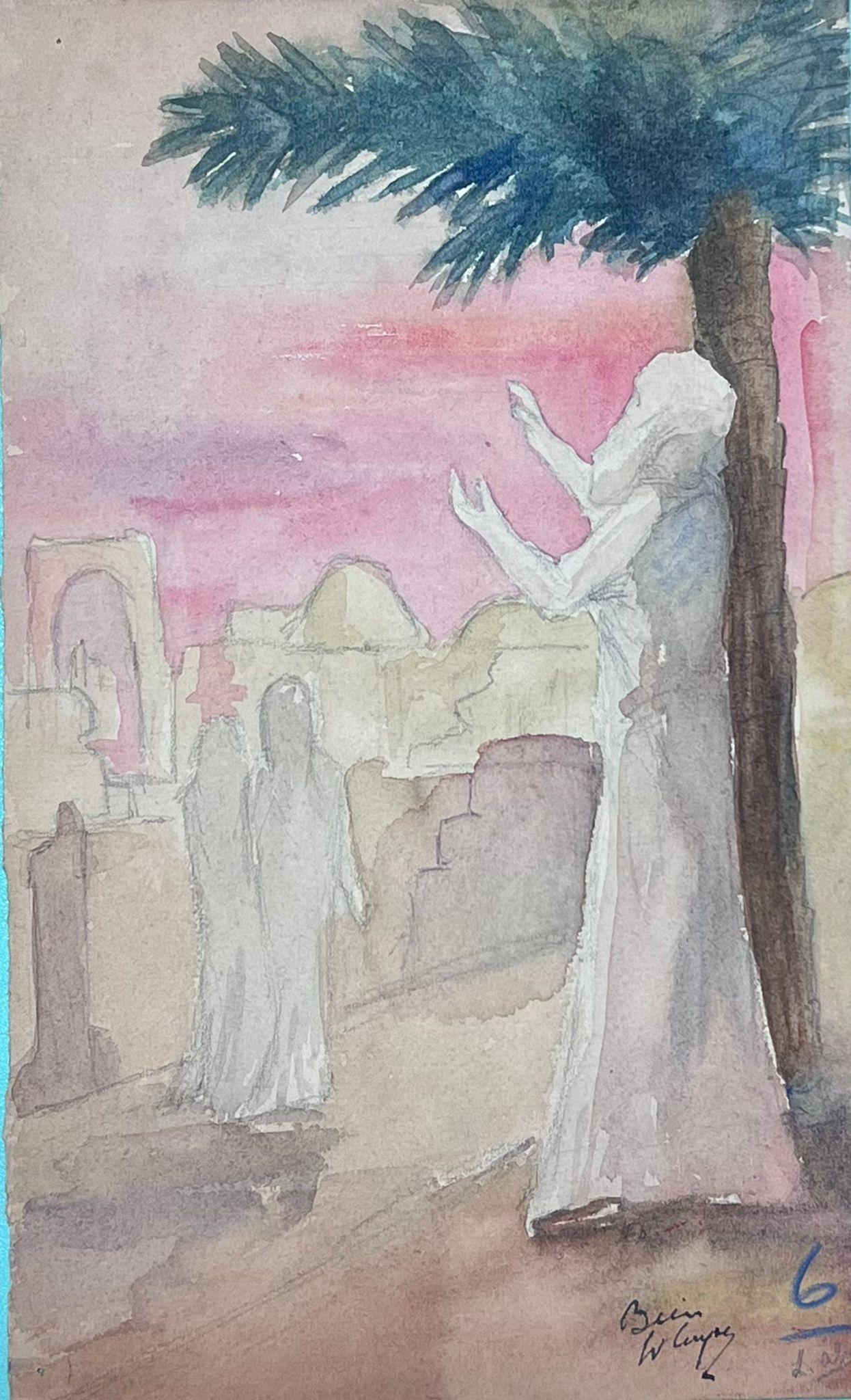 1930's French Impressionist Figure Praying To The Sky Under Palm Tree For Sale 1
