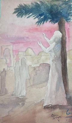 Figure impressionniste française des années 1930 priant au ciel sous un palmier