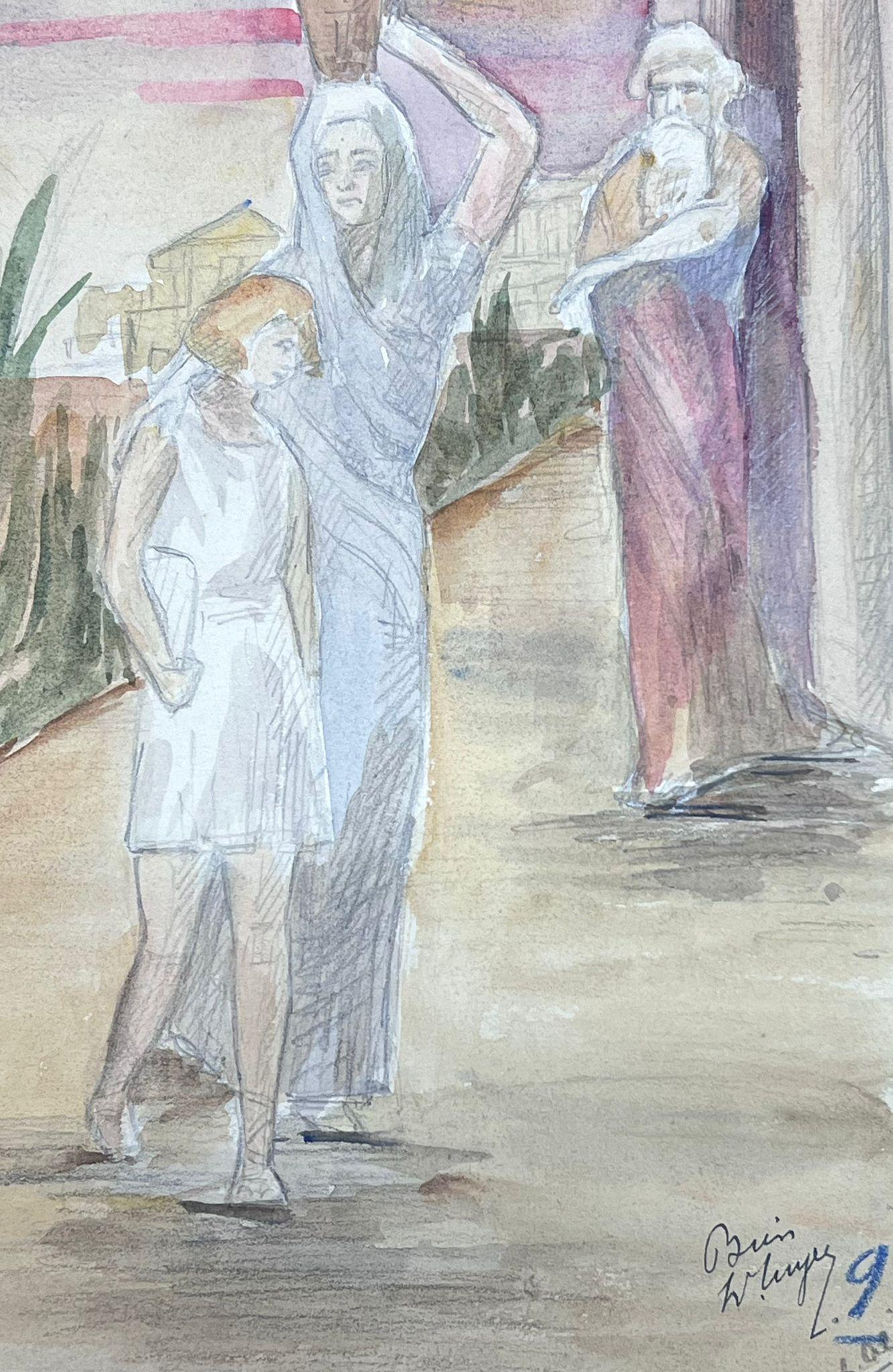 Französische impressionistische Figuren aus den 1930er Jahren, die Wasserkrüge auf dem Kopf tragen – Painting von Louise Alix