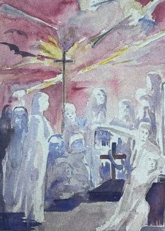 1930's French Impressionist Figures Surrounding The Cross Landscape