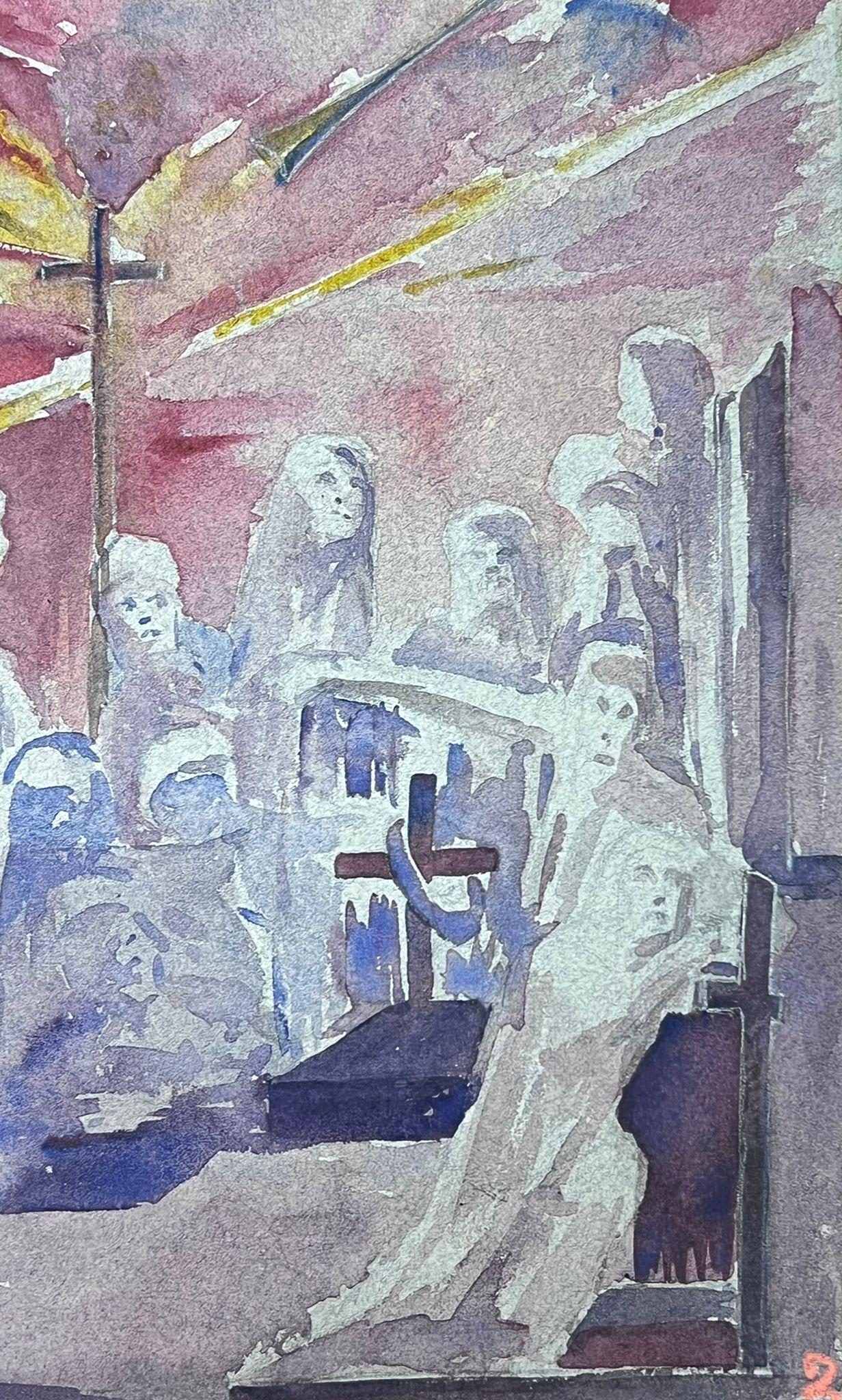 1930's French Impressionist Figures Surrounding The Cross Landscape - Gray Figurative Painting by Louise Alix