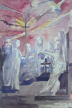 1930's French Impressionist Figures Surrounding The Cross Landscape
