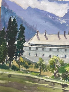 1930's French Impressionist Gouache Back Of Large White House Garden