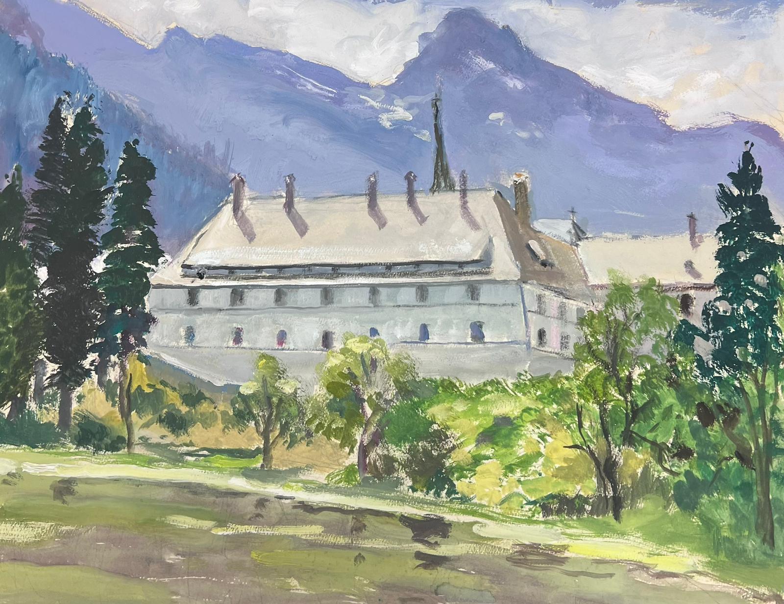 French Landscape
by Louise Alix (French, 1888-1980) *see notes below
provenance stamp to the back 
gouache painting on artist paper, unframed
measures: 12.75 high by 16.5 inches wide
condition: overall very good and sound, a few scuffs and marks to