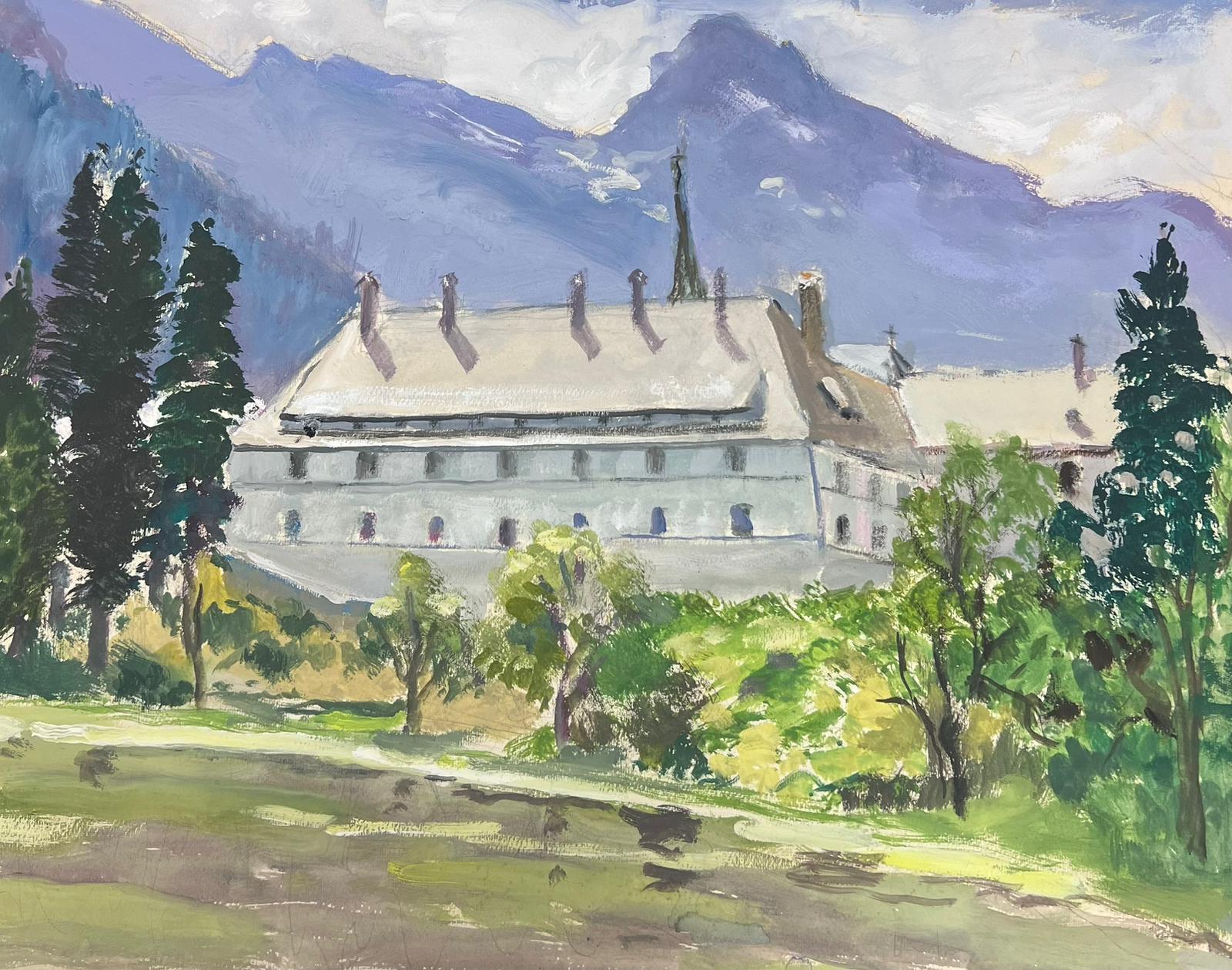 1930's French Impressionist Gouache Back Of Large White House Garden