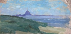Paysage gouaché impressionniste français des années 1930, bleu, mer et vert