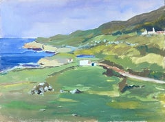 1930
s French Impressionist Gouache Bright Green Coastal Highlands Along The Sea