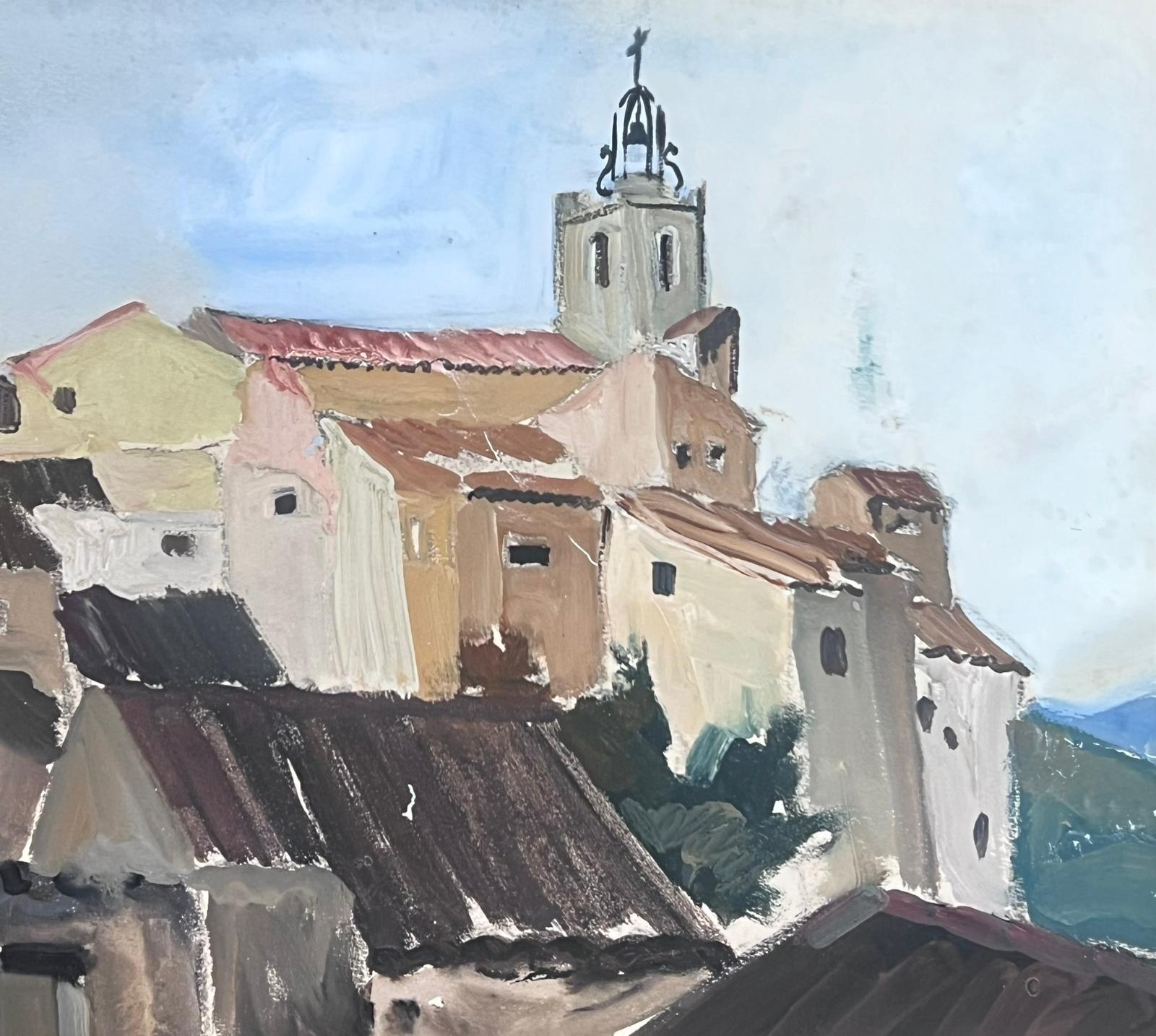 1930's French Impressionist Gouache Church Tower Town Landscape - Painting by Louise Alix