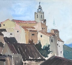 1930's French Impressionist Gouache Church Tower Town Landscape