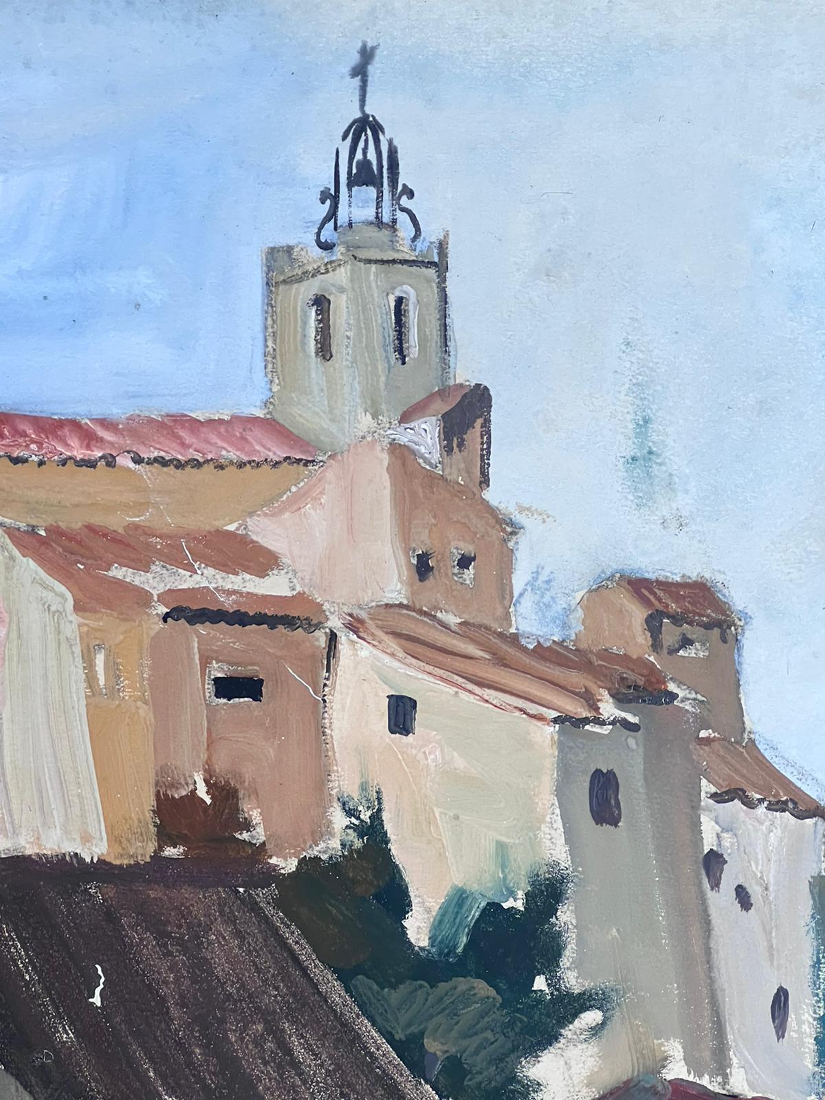 1930's French Impressionist Gouache Church Tower Town Landscape For Sale 1