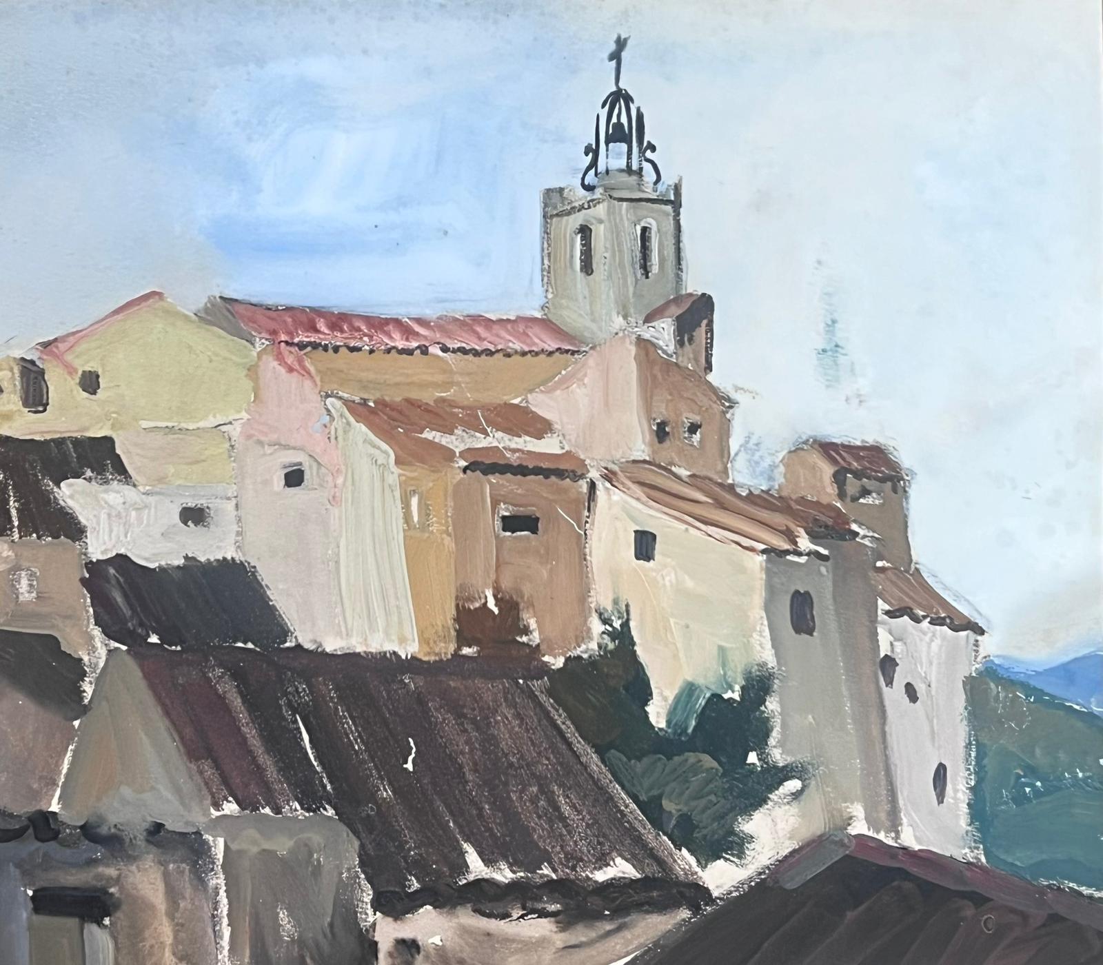 Louise Alix Landscape Painting - 1930's French Impressionist Gouache Church Tower Town Landscape