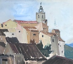 1930's French Impressionist Gouache Church Tower Town Landscape