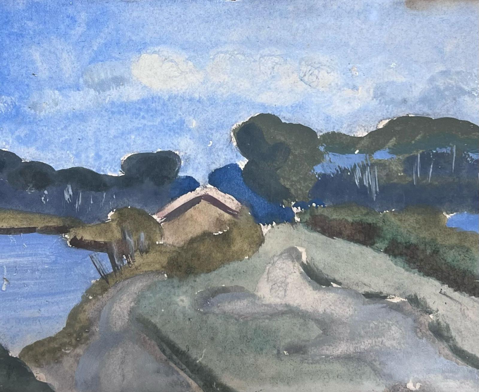 French Landscape 
by Louise Alix (French, 1888-1980) *see notes below
provenance stamp to the back 
gouache painting on artist paper, unframed
measures: 5 high by 7.5 inches wide
condition: overall very good and sound, a few scuffs and marks to the