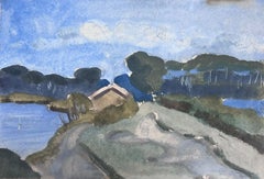 1930er Jahre Französisch Impressionist Gouache Cottage By The River Bank