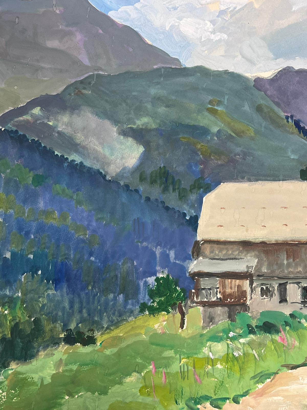 1930's French Impressionist Gouache Hütten im Sommer Berge – Painting von Louise Alix