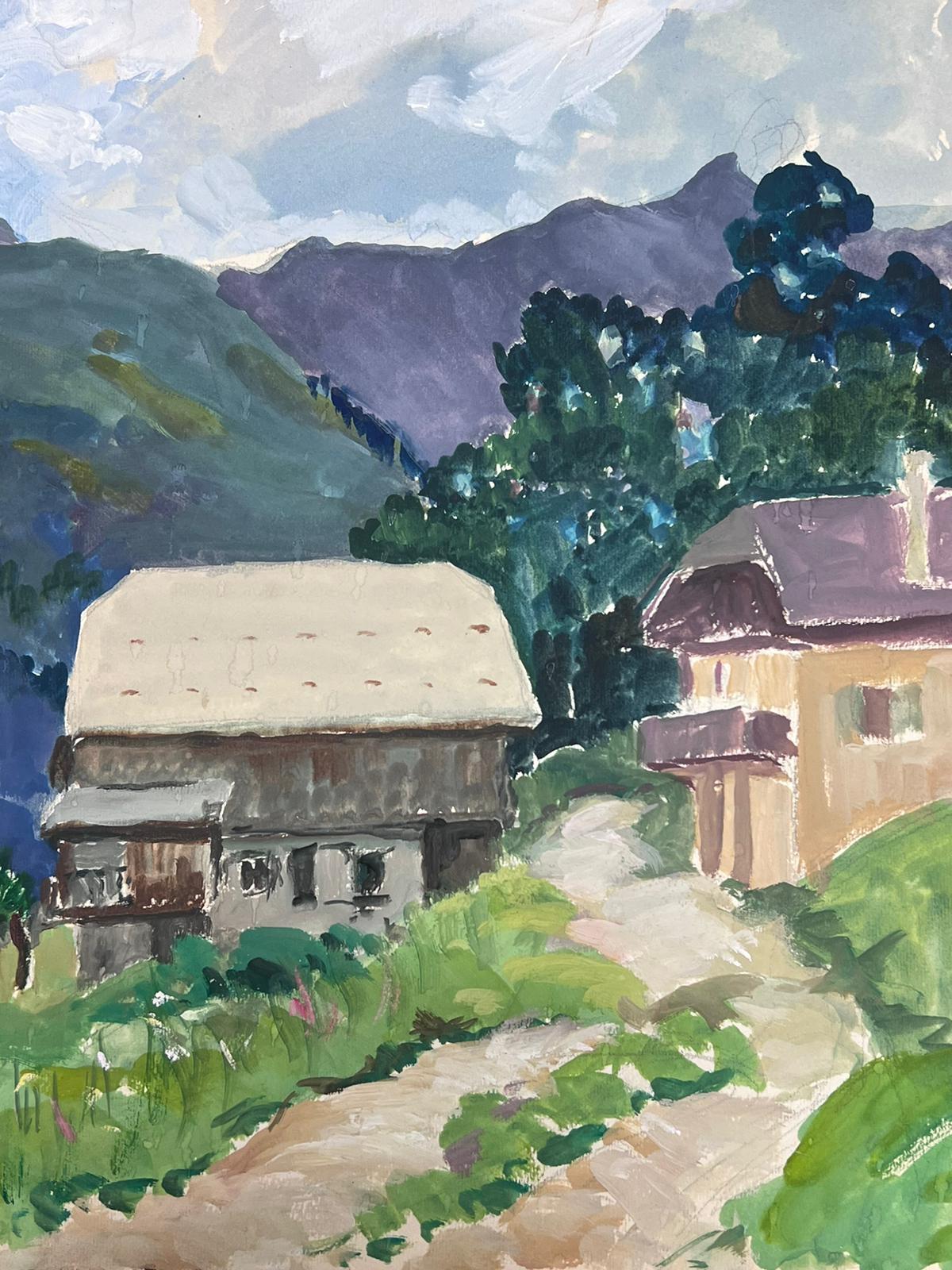 French Landscape
by Louise Alix (French, 1888-1980) *see notes below
provenance stamp to the back 
gouache painting on artist paper, unframed
measures: 12.75 high by 16.5 inches wide
condition: overall very good and sound, a few scuffs and marks to